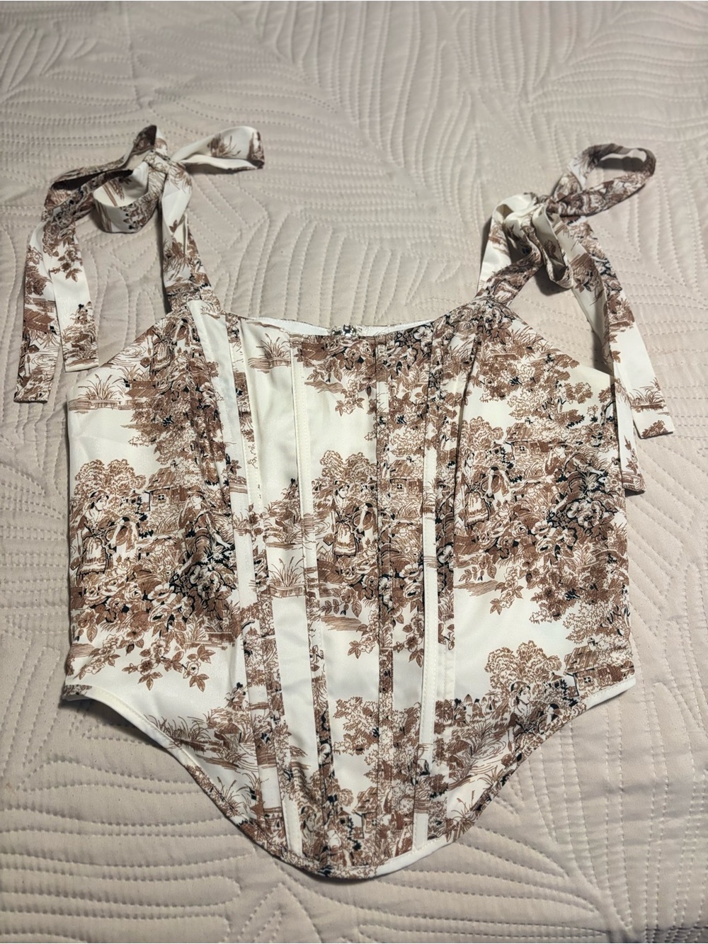 Fashion Nova Cream and Brown Toile Tie-Shoulder Corset Bodysuit